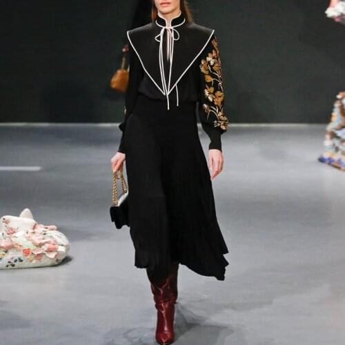 Runway Designer Spring Autumn New Women High Quality Party Fashion Sequins Embroidered Long Sleeves Irregular Pleated Dress