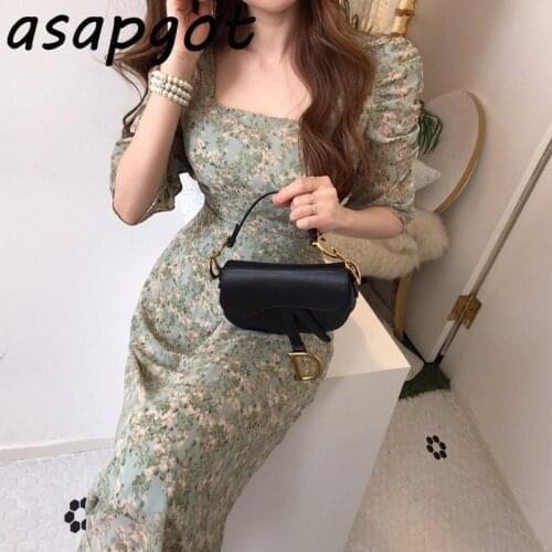 Dresses Chic Korean Gentle Slim Wrap Hip Square Neck Floral Chiffon Dress Women Puff Pleated Sleeve Lace Up Vintage Vestido