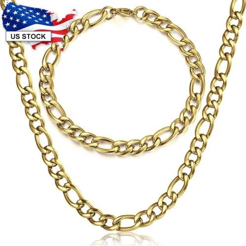 Bracelet Necklace Set For Men Women 5/7/9mm Gold Silver Color Stainless Steel Figaro Link Chain Jewelry Sets Wholesale LKS258