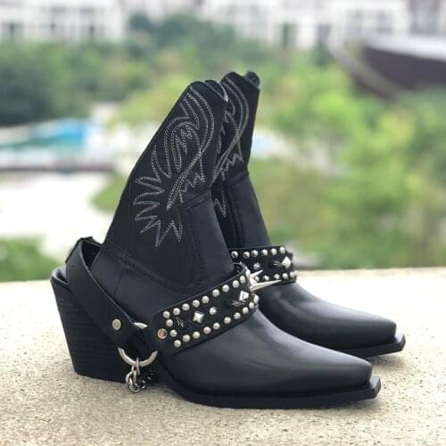 Black Geniune Leather Rivets Studded Square Toe Ankle Boots For Woman Metal Chain Decor Rome Designer Slingback Boots Summer