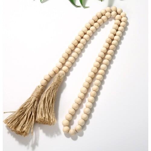 Rustic DIY Handmade Wooden Beads String with Tassel Home Decoration Hanging Garlands Ornament For Wall Vase Door Handle Decor
