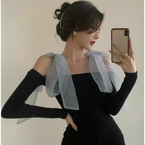Elegant Mesh Patchwork Slim Fit T Shirt Women Pullover Long Sleeve Solid Tee Femme Spring 2021 New Strapless Shoulder Top