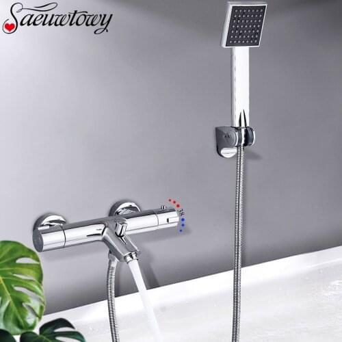 Chrome Wall-Mounted Thermostatic Shower Faucet Set Bathroom Faucet Hot And Cold Bathroom Tap Mixed Valve Bathtub Faucet Spout