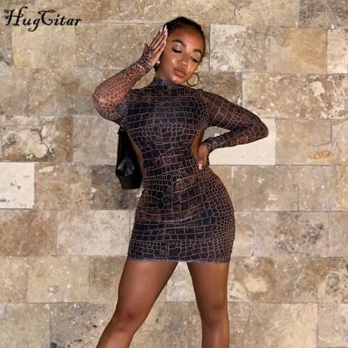 Hugcitar 2020 Long Sleeve Snake Print Backless Sexy Mini Dress Autumn Winter Women Fashion Streetwear Outfits Club Wear