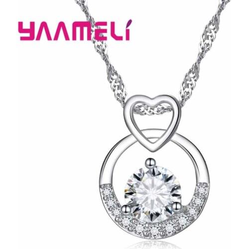 Classic Simple Round with Heart Shape Rhinestone Crystal Pendant Cute Retro Tai Silver Necklace For Women Gifts