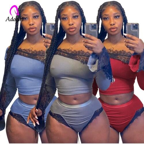 Eyelash Lace Stitching Women 2 Piece Set Long Sleeve Ribbed Crop Top + High Waist Shorts 2021 Summer Sexy Club Party Outfits