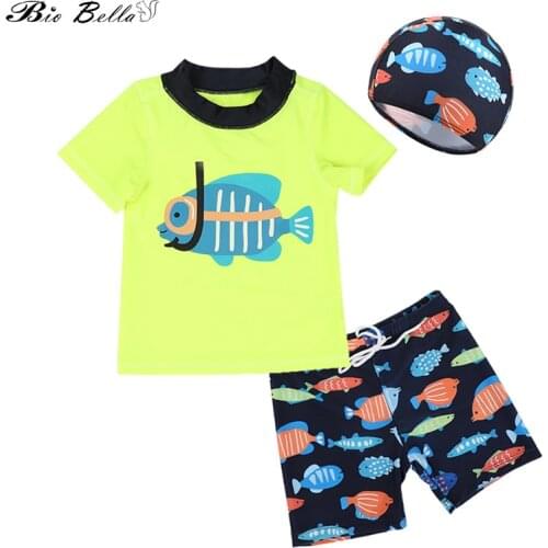 Baby Boys 3 Piece Swimsuit Trunk and Rashguard With Cap Short Sleeve Swimming Set Bathing Suit for 0-9 Years Kids Diving Clothes