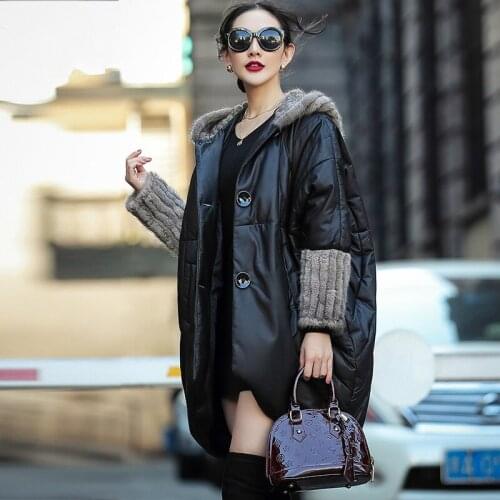 Real Leather Jacket Women Sheepskin Coat 90% White Duck Down Jackets Mink Fur Collar Hooded Female Parkas Cuero Genuino Pph2073