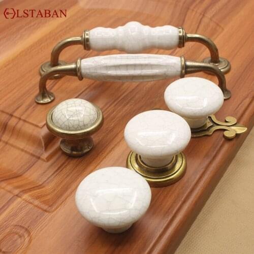 LSTABAN European Style Cracked Ceramic Knob Wardrobe Drawer Cupboard Door Single Hole Antique Handle Furniture Accessories