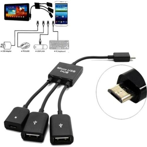Micro USB Host OTG Charge Hub Cord Adapter Splitter Black 3 in 1 Cable 20cm for Android Smartphones Tablet
