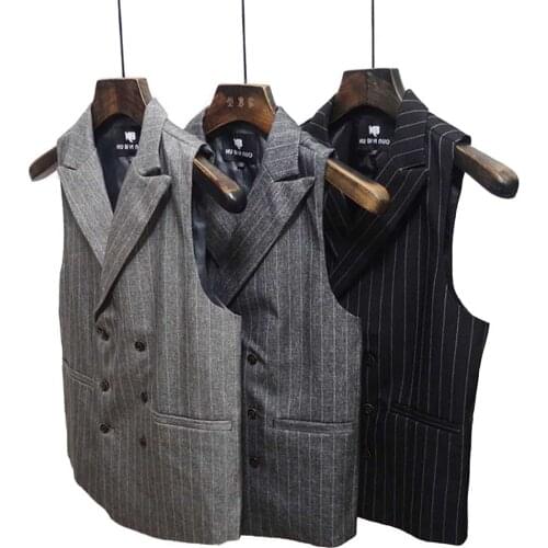 Mens Retro Suit Collar Waistcoat Fashionable British STRIPE Double Breasted Blazer Vest Youth Sleeveless Jacket