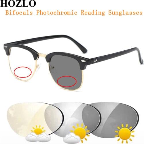 Bifocals Photochromic Gray/Tea Reading Glasses Magnifier Women Men Look Near Far Presbyopic Sunglasses Retro Rivets Half Frame