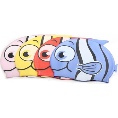 Boys Girls Silicone Elastic Swimming Cap Waterproof Kids Swimming Pool Cap Children Ear Protect Tropical Fish Cartoon Diving Hat