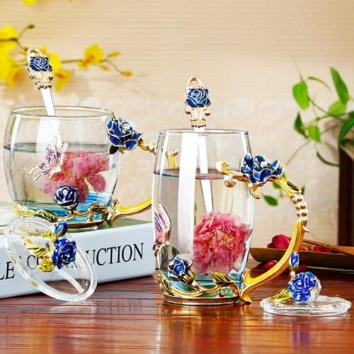 Creative Enamel Colored Water Mug with Flower Tea Mug Household Transparent Crystal Glass Lead-free Hot Tea Cup High-end Gift
