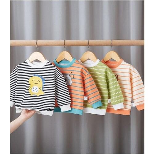 0-4 Years Old Kids T-shirts Stripe Cartoon Girls Tops Autumn/spring Long Sleeve Round Collar Hoodie Toddler Clothes Pure Cotton