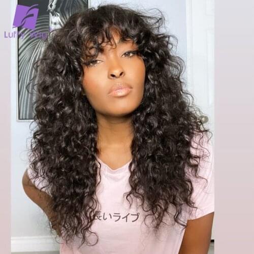 Curly Human Hair Wigs With Bangs Brazilian Remy Human Hair O Scalp Top Wig Glueless 200% Density For Black Women Luffywig