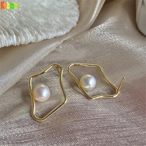 Kshmir 2021Simple Earrings with Irregular Lines and Frosted Round Beads Curved Matte Color Earrings with Gold Geometric Earrings