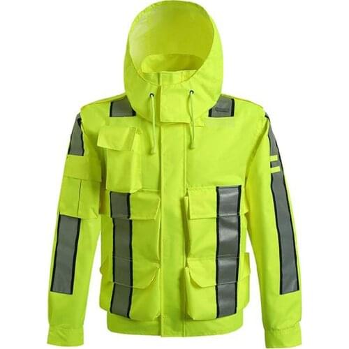 Hi vis workwear safety jacket water reflective jacket raincoat men waterproof outwear men multi pocket jacket overalls poncho