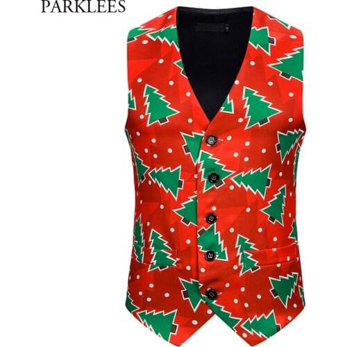 Christamas Trees Waistcoat Men 3D Printed Red Mens Vest Slim Fit Chalecos Para Hombre Stage Prom Cosplay Perfermence Vests XXL