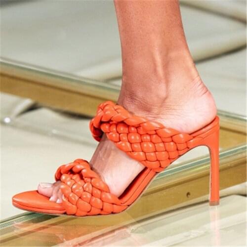Handwork Weave Sandals Fashion Genuine Leather Stiletto High Heels Slippers Ladies Open Toe Knot Mules Dress Summer Shoes