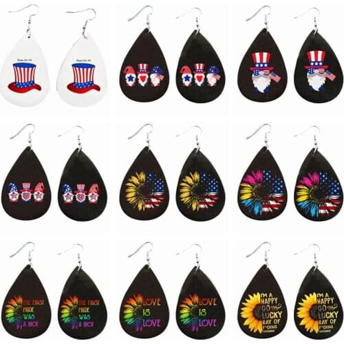 Sunflowers Earrings Gnomes Print 4th of JulyMulti layer Glitter Pu Leather Earrings American USA Flag Leaf серьги крупные