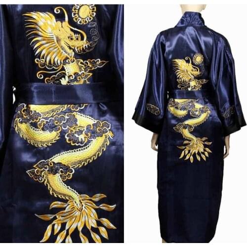 Free Shipping Navy Blue Chinese Mens Satin Silk Robe Embroidery Kimono Bath Gown Dragon Size S - XXXL