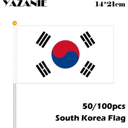 YAZANIE 14*21cm 50/100pcs South Korea Hand Flag Small Waving National Custom Flag with Plastic Poles for Party Bar Sports Event