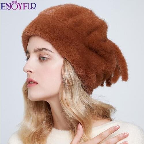 ENJOYFUR 2019 new fashion mink fur hats for women whole mink fur warm caps with cute fur tail