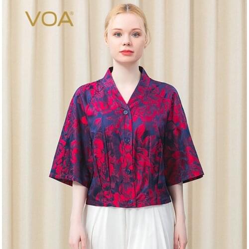 VOA Silk Yarn-dyed Jacquard V-neck Jacket Women WE89 Single-breasted Lotus Leaf Sleeve Red Peony Pattern Elegant Coat Female