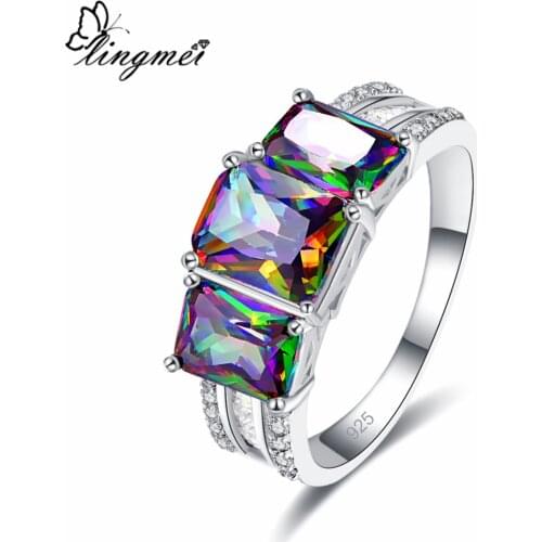 Lingmei Wholesale Gorgeous Party Fire Mystic Rainbow Multi & White & Blue Zircon Silver Color Ring Size 6-9 Jewelry For Women