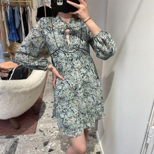 Womens Fashion Floral Print Mini Dress 2021 Early Autumn Loose Ladies Long Sleeve Lace-Up Short Robe