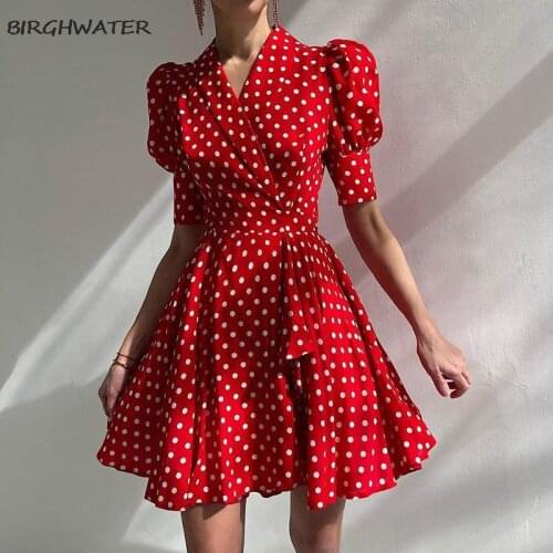 2021 Spring Summer New Fashion Polka Dot Sexy Women V Neck A-line Dresses Casual Puff Short Sleeves Elegant Office Lady Vestidos