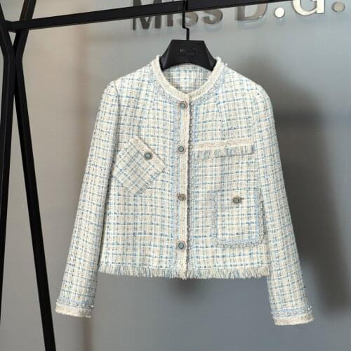 2021 Autumn Luxury New Women Plaid Tweed Pearl Tassel Jacket Coat For Female Chic Overcoat 7.27