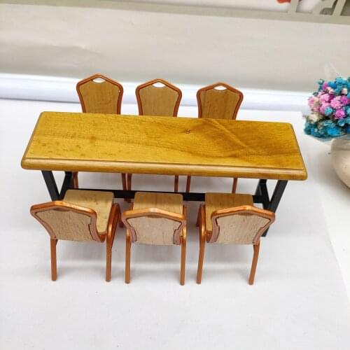 1:12 Dollhouse Mini Wooden Furniture Restaurant Bar Table For Six Doll House Furniture Dining Table Chair Set - Yellow