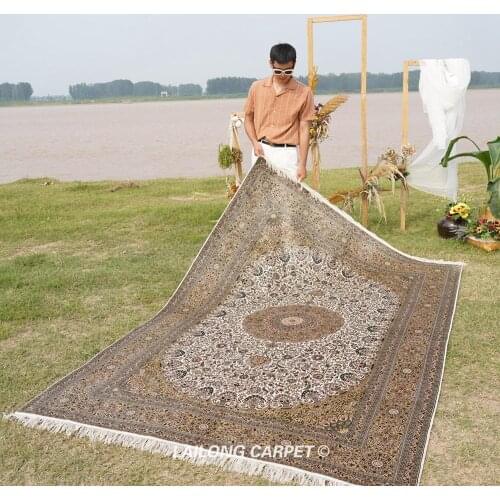 6'x9' Beige color handmade silk carpet for living room qum silk rug (YJH251A)