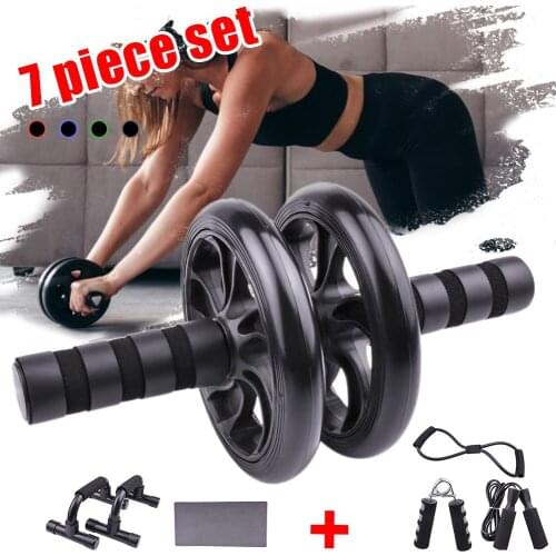 7Pcs Abdominal Wheel Ab Roller Set with Push Up Bars Jump Rope Grip Strengthener Home Exercise Gym Fitness Muscle Trainer