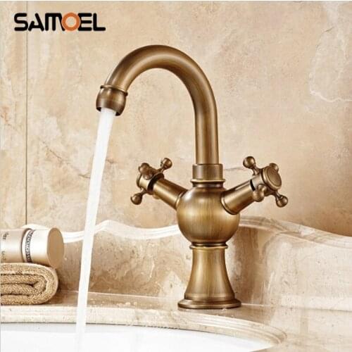 Antique Brass Faucets Bathroom Basin Double Handle Faucet Crane Mixer Tap AF1010