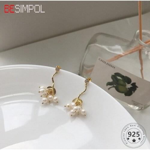 Besimpol Real Sterling Silver Stud Earrings Temperament Tassel Leaves Pearl Party Earrings For Women Luxury Fine Jewelry Gifts