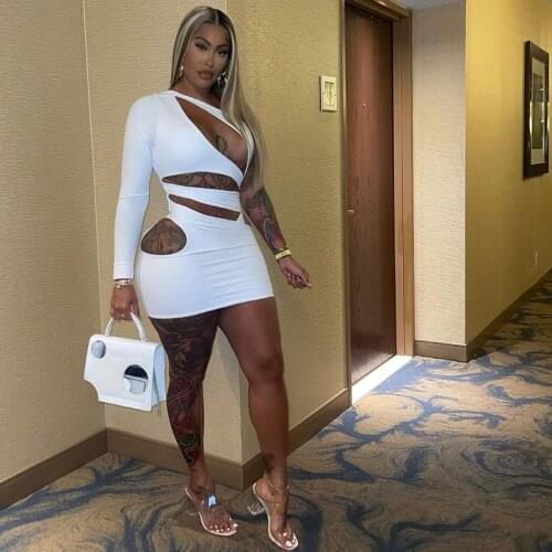 BKLD Party Night Club Dress For Women 2021 Autumn Fashion Sexy One Shoulder Hollow Out Long Sleeve Backless Bodycon Mini Dresses