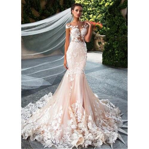 Lamorous Tulle Jewel Neckline Wedding Dresses 3D Flower Appliques Mermaid Gowns See-through Bodice Bridal Dresses