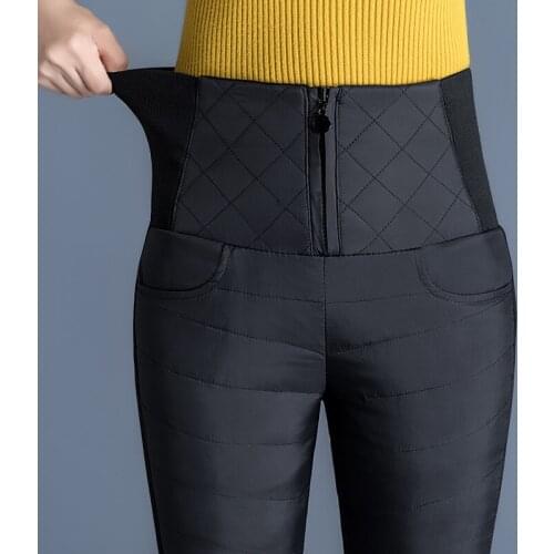 Winter Pants Women Duck Down Velvet High Waist Skinny Warm Formal Pants Female Black Elastic Waist Work Trousers Women