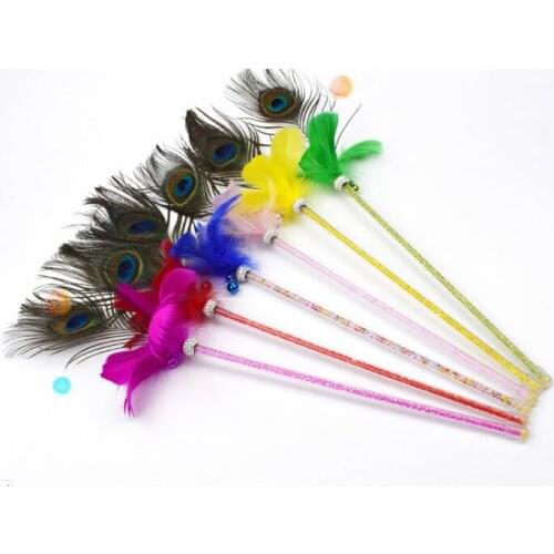 Usd1.68/pc pet cat kitten playing toys cat teaser sticks rod peacock feather with bell 20pcs/lot
