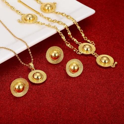 Ethiopian Jewelry Sets Gold Color Habesha Pendant Necklaces Earrings Ring Bangles African Wedding Gifts Eritrean