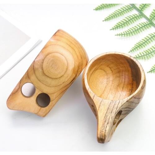 Finland Cup KUKSA Solid Wood Water Cup Rubber Wood Tea Milk Coffee Mug with Handle Double Hole Kitchen Restaurant Supplies