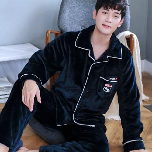 H5904 Pajama Sleepwear Men Thickened Coral Velvet Autumn Winter Long Sleeve Nightwear Male Large Size Loose Flannel Household