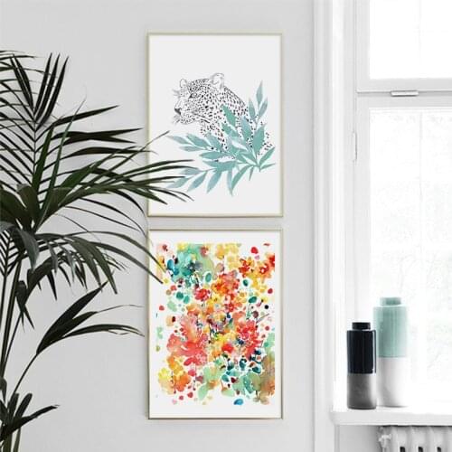 Art Canvas Print Home Decor Dormitory Abstract Colorful Watercolor Boho Colorful Tiger Tree Green Leaf Flower Floral Poster Wall