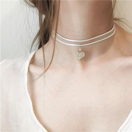 Korean Chic Black White Lace Collars Chokers Chic Full Crystal Heart Pendant Necklaces Jewelry Accessory For Women Fashion Kolye