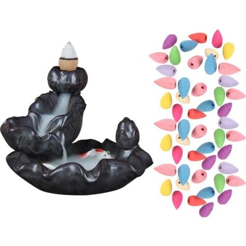 Backflow Incense Burner Ceramic Fountain Waterfall Smoke Incense Holder Aroma Censer +50Pcs Incense Cones Home Decor