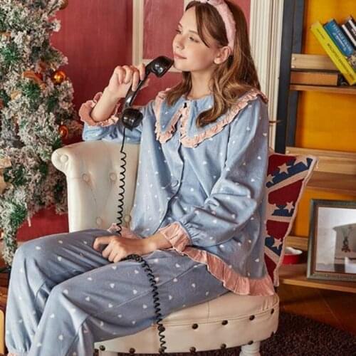 Fdfklak Fashion Polka Dot Thick Warm Sleepwear Pijamas Set Winter Fleece Pajamas Women Nightwear Loose Female Pyjamas Home Suit