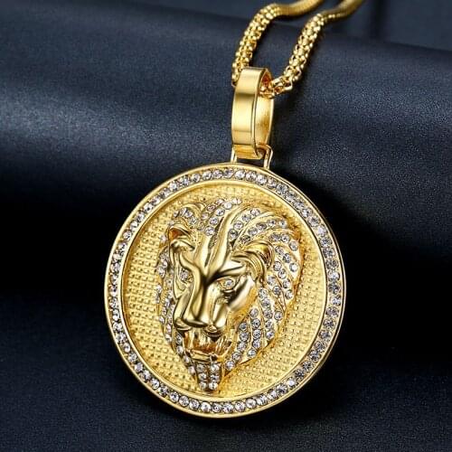 Punk Style Fashion Animal Lion Pendant Necklaces Men Hip Hop Jewelry Statement Rhinestone Gold stainless steel Necklace Gifts